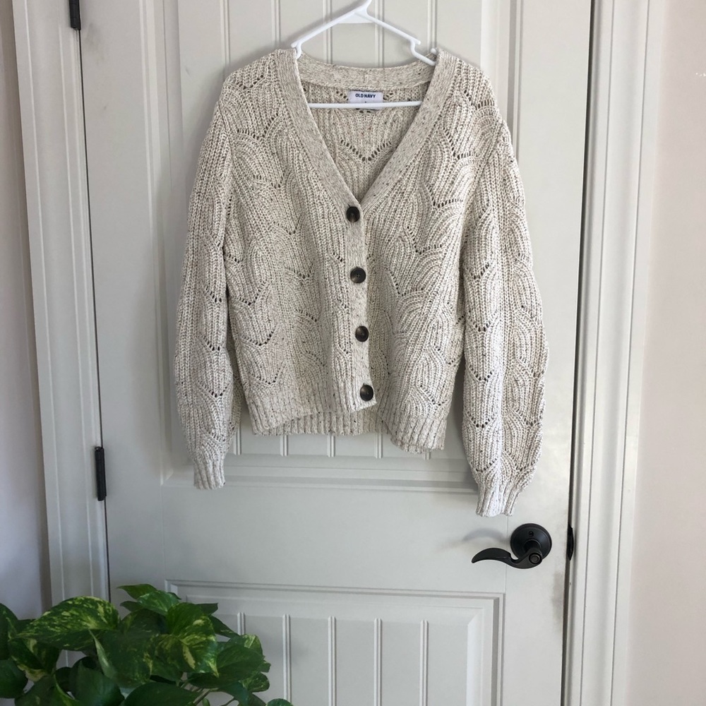 Old Navy Pointelle-Knit V-Neck Button Cardigan Sweater, Speckled Ivory Medium